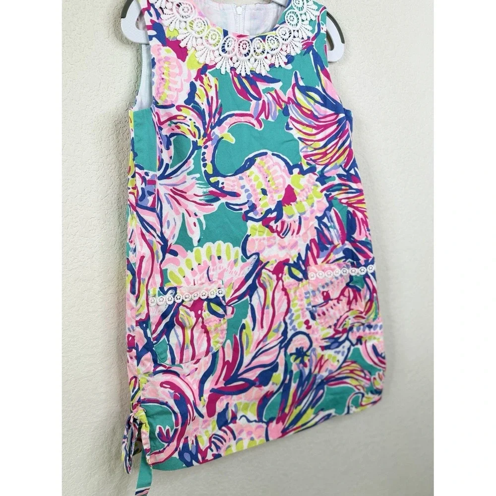 Lilly Pulitzer Girls Dress Size 8 Tropical Floral Shift Dress Lace Trim Pockets‎